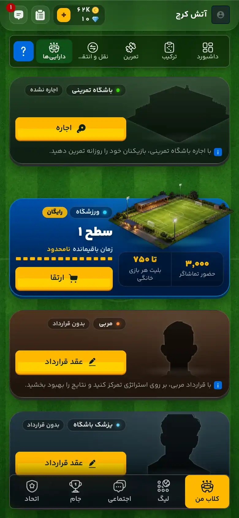 دارایی‌های باشگاه در کلابی: باشگاه تمرینی، ورزشگاه سطح ۱ با ۳٬۰۰۰ تماشاگر، مربی و پزشک باشگاه