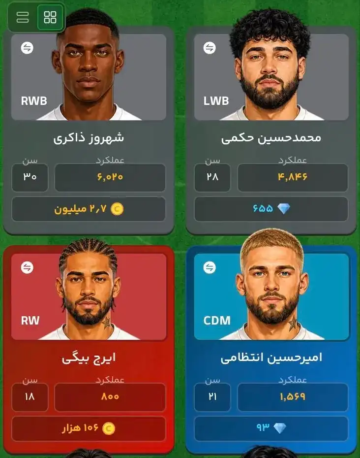 کارت چهار بازیکن در بازار نقل و انتقالات کلابی، با پست، سن، عملکرد و قیمت هر کدام